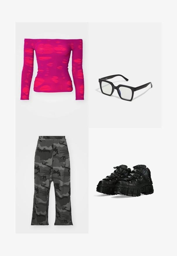 Een off-shoulder, lange mouw magenta top met een patroon van onregelmatige, doorzichtige uitsnijdingen door de stof.; Camo joggers in zwart- en grijstinten, met een elastische tailleband, een ruime pasvorm en lichte spltits aan de onderkant van de benen.; Zwarte chunky sneakers met een gestructureerde rubberen zool, opvallende veters en metalen accenten. Voorzien van een gevoerde kraag en een onderscheidend profielontwerp.; Zwarte vierkante zonnebril met een matte afwerking, voorzien van transparante lenzen en een lichte blauwe tint aan één kant. Stevig, hoekig ontwerp.