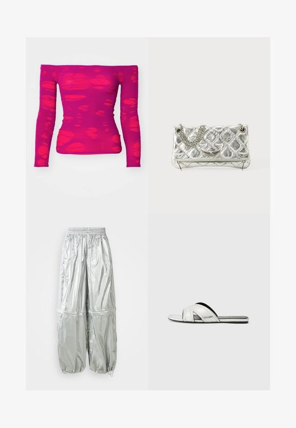 Top magenta con spalle scoperte e maniche lunghe, decorato con un motivo di forme irregolari e traslucide tagliate nel tessuto.; Pantaloni cargo leggeri argento con texture lucida, vita elastica, polsini arricciati e due grandi tasche anteriori.; Sandali piatti argento con finitura metallica, caratterizzati da un design a fascia curva, dettagli ritagliati e una suola testurizzata per una migliore aderenza.; Borsa a tracolla in metallo argento con manico a catena, texture trapuntata, cuciture decorative e chiusura zip. Presenta dettagli in rilievo sul fronte.