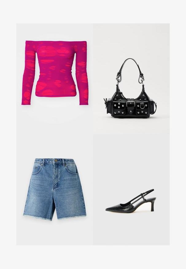 Top s odhalenými ramenami a dlhými rukávmi v magentovej farbe s vzorom nepravidelných, priehľadných výrezov po celej látke.; Džínové šortky svetlomodré farby, s vysokým pásom, zapínaním na gombík, prednými vreckami a rozstrapkaným lemom pre voľný strih.; Čierne patentové slingback topánky na ihlovom podpätku s špicatou špičkou, s textúrovaným hadím vzorom, nastaviteľným popruhom a krátkym, textúrovaným blokovým podpätkom.; Čierna kožená kabelka s zakriveným dizajnom, doplnená striebornými cvočkami, prackou a dvoma bočnými vreckami. Nastaviteľný popruh poskytuje rôzne možnosti nosenia.