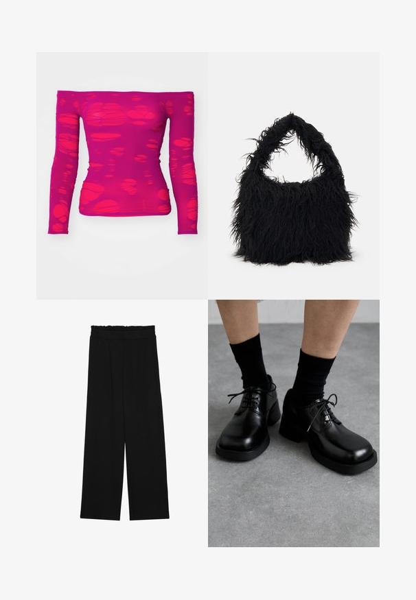 Majica z dolgimi rokavi v magentni barvi, brez naramnic, s vzorcem nepravilnih, prosojnih izrezov po celotni tkanini.; Črne široke hlače s nabranim pasom, ki imajo dva stranska žepa in so izdelane iz gladkega, lahkega blaga. Brez vidnih vzorcev ali kovinskega okova.; MIISTA ALTHEA BROGUES - Obutev z vezalkami - black; Even&Odd Torba za nakupovanje - black