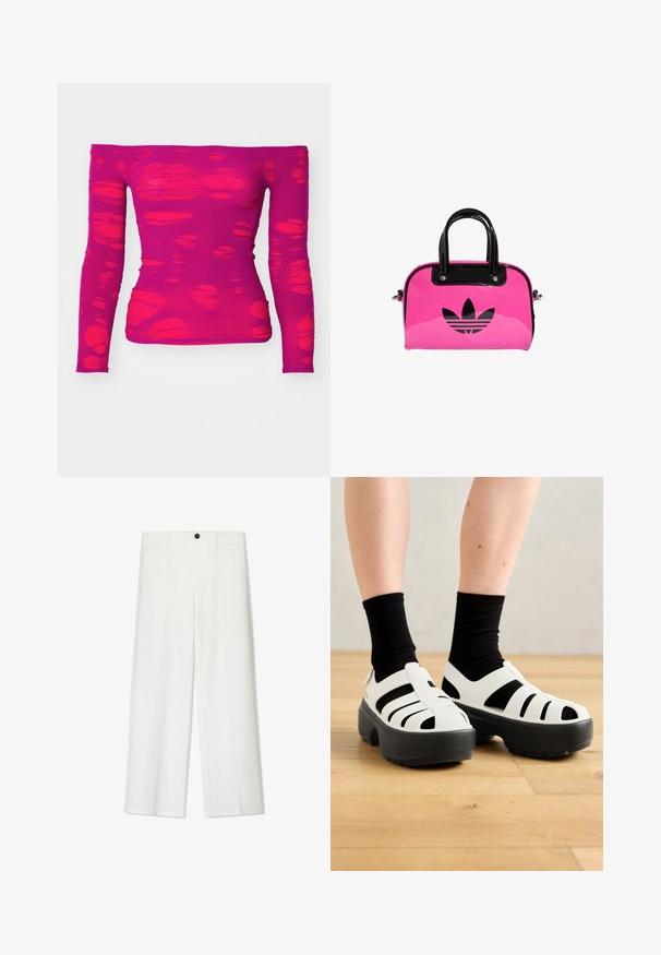 Paita magenta pitkillä hihoilla ja olkapäät paljastavalla leikkauksella, jossa on epäsäännöllisiä, läpikuultavia aukkoja läpi kankaan.; Valkoiset, leveälahkeiset housut, joissa on sileä pinta, etupainike suljinta ja vyölenkit, suunniteltu rennoksi istuvuudeksi.; Valkoiset paksut sandaalit mustilla yksityiskohdilla, joissa on useita leikkuja ja paksu musta pohja. Teksturoitu materiaali peittää varpaiden ja sivujen alueen.; Vaaleanpunainen lakattu käsilaukku, jossa on musta logo ja kahvat, pyöreä muoto ja vetoketjusuljin. Kiiltävä pinta parantaa näkyvyyttä.