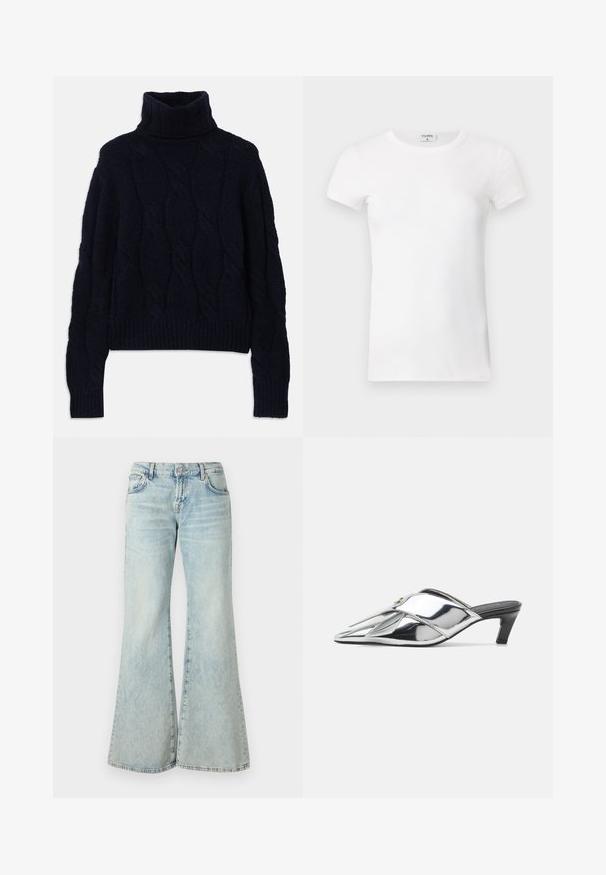 Tume sinine kootud kõrge kaelusega sviiter, millel on kaablikudumise muster, tekstureeritud kangas ning soonilised mansetid ja äär. Rikkalik lõige, pikkade varrukatega.; Valge ribaga lühikeste varrukatega T-särk ümmarguse kaelusega. Kude tundub siledana ja see on keha lähedal istuv. Brändi silt on nähtav krae juures.; Heledad sinised flared teksad, mis on valmistatud denimist, kõrge vöökoha, taskute ja kulunud äärtega. Kangas näitab tuhmumist ja peent tekstuuri.; Hõbedased metallsed kontsaga mulesed terava varbaga, ristuvad rihmad, väike plokk-konts ja sujuv, läikiv pind.