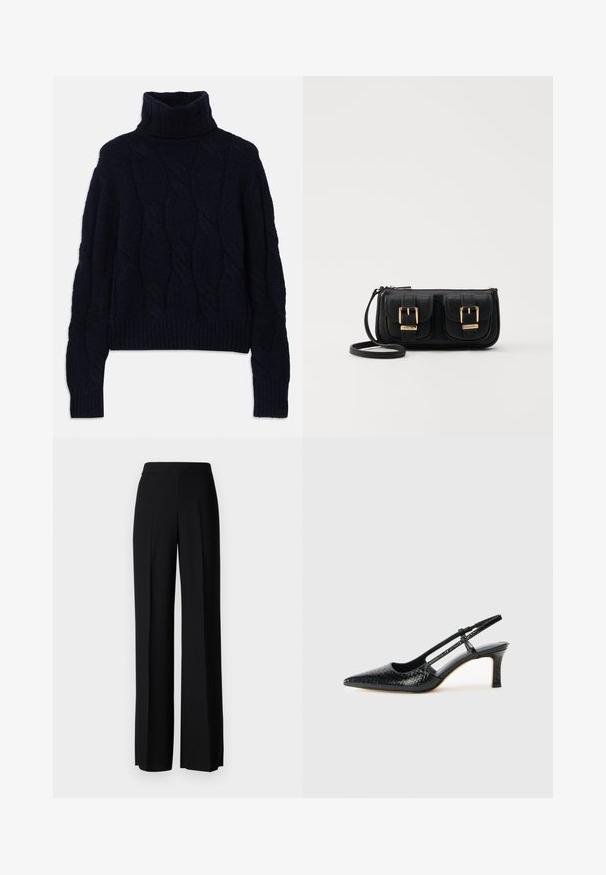 Navy knitted turtleneck sweater with cable-knit pattern, textured fabric, and ribbed cuffs and hem. Relaxed fit with long sleeves.; Black wide-leg trousers with a smooth texture, featuring a high waistband and center pleats. No visible patterns or hardware details.; Black patent slingback heel with a pointed toe, featuring textured snake print, adjustable strap, and a short, textured block heel.; Black leather crossbody bag with two front pockets, gold buckles, zipper closure, and a slim strap. Textured surface and compact rectangular shape.