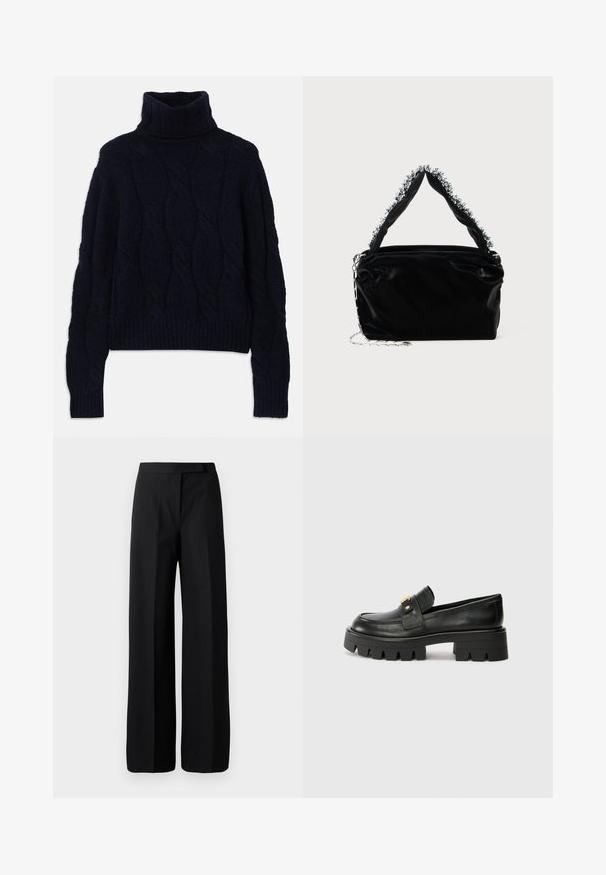 Pulover tricotat cu guler înalt de culoare bleumarin, cu un model de tricot cu cablu, țesătură texturată și mansete și margine cu dantelă. Croială lejeră, cu mâneci lungi.; Pantaloni negri cu picioare largi, având o textură netedă și mată. Talie plată, fără elemente metalice sau modele vizibile. Design simplu și elegant.; Mocasini negri din piele cu o talpă groasă, având un accent aurit în față și un finisaj neted. Design cu ștanțare groasă pe talpă.; Geantă din piele sintetică neagră cu un finisaj texturat, având un accent din mărgele argintii de-a lungul mânerului de sus și o curea din lanț.