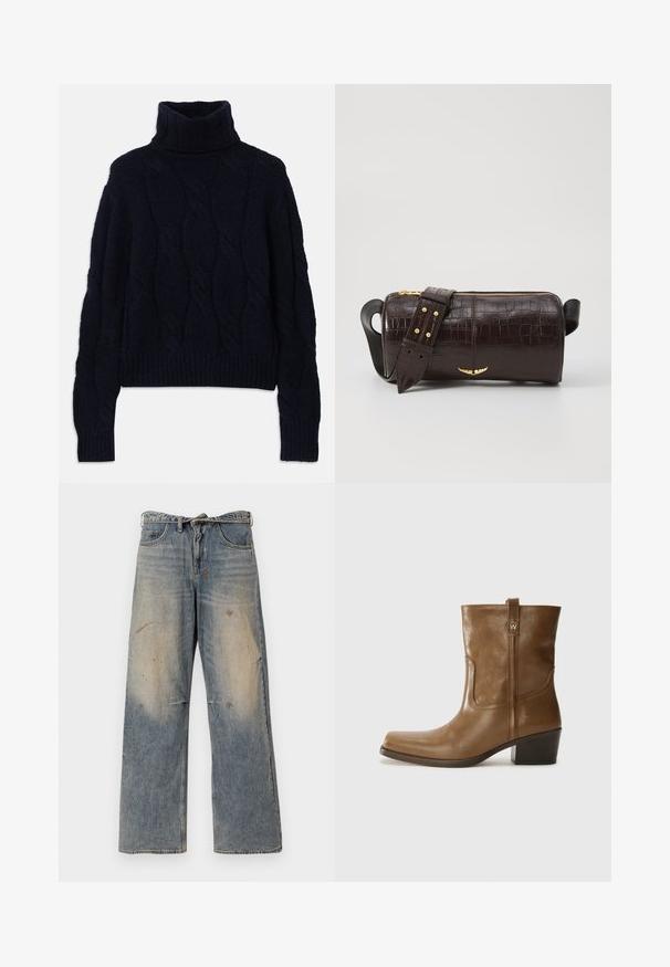 Navy knitted turtleneck sweater with cable-knit pattern, textured fabric, and ribbed cuffs and hem. Relaxed fit with long sleeves.; Light blue denim jeans with a loose, straight-leg design. Features whiskering, fading, and distressed details near knees. Classic five-pocket style.; Brown leather ankle boot with a square toe, textured finish, and a low stacked heel. Features a rear pull tab and subtle stitching details.; Brown crocodile-embossed leather bag with a cylindrical shape, gold-tone hardware, and a detachable strap featuring studs.