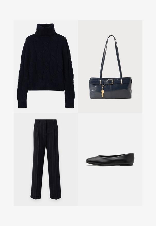 Mornarsko pleteno pulover s turtleneck ovratnikom, z vzorcem kabelskega pletenja, teksturirano tkanino ter rebrastimi manšetami in robom. Ohlapen kroj z dolgimi rokavi.; Črne hlače s pinstripes vzorcem in prilagojenim krojem, opremljene z manšetnim robom in sprednjimi pregibi. Narejene iz gladkega materiala z ustrezno strukturo.; Paul Smith TOPANGA - Balerinke - black; Mornarska usnjena torbica z dvema dolgima ročajema, dodatkom z zaponko in pritrjeno ključavnico. Ima gladko teksturo in pravokotno obliko.