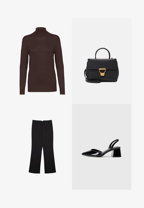 Brauner Rollkragenpullover aus geripptem Strickstoff. Mit langen Ärmeln und einer taillierten Silhouette, hohem Kragen und einfarbigem Design.; Schwarze Hose mit geradem Schnitt, ausgestattet mit Fronttaschen und Seitenschlitzen am Saum. Hergestellt aus weichem, glattem Stoff. Geeignet für verschiedene Anlässe.; Schwarze Lackleder-Slingback-High Heels mit spitzem Schuh und einem geometrischen Blockabsatz. Verfügt über ein schlankes, minimalistisches Design und eine glatte Textur.; Schwarze Lederhandtasche mit goldenen Beschlägen, strukturiertem Design, Oberhandgriff, abnehmbarem Schultergurt und einer Vorderklappe mit Schnappverschluss.