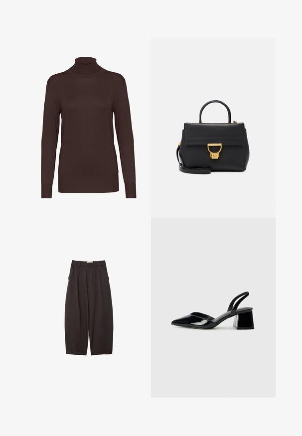 Smeđi pulover s visokim ovratnikom izrađen od rebrastog pletenog materijala. Ima duge rukave i prilagođeni kroj, s visokim ovratnikom i jednobojnom površinom.; Crne široke hlače napravljene od glatke tkanine, s visokim strukom, prednjim nabranjima i bočnim džepovima. Jednostavan dizajn bez ukrasa.; Crne lakirane kožne sandale s otvorenom petom i špicastim vrhom, s geometrijskom blok petom. Imaju elegantan, minimalistički dizajn i glatku teksturu.; Crna kožna torba s zlatnim detaljima, strukturiranog dizajna, s gornjom drškom, uklonjivim remenom za rame i prednjim preklopom s kopčom.
