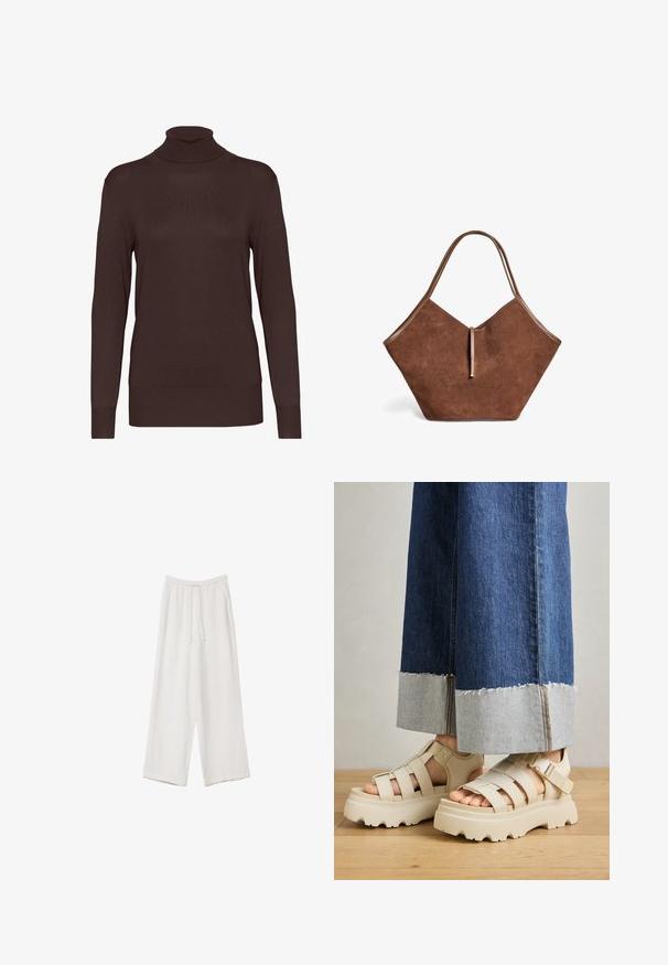 Pull en col roulé marron en tissu tricoté côtelé. Il possède des manches longues et une silhouette ajustée, avec un col haut et une couleur unie.; Pantalons larges blancs en tissu léger. Dotés d'une taille élastique avec cordon de serrage et de poches latérales. Texture lisse.; Des sandales à plateforme beiges avec de épais semelles présentent un design à lanières et des sangles de cheville réglables. Portées avec un pantalon en denim à jambes larges, un ourlet est effiloché.; Sac tote en suede marron avec des garnitures en cuir et une fermeture à fine sangle, présentant une forme douce, large et légèrement anguleuse.