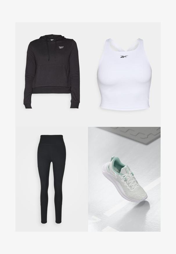 Melna sarautā sporta jaka, izgatavota no auduma, ar priekšējo kabatu, auklu kapuci un izšūtu Reebok logo uz krūšu. Gluda tekstūra, garas piedurknes.; Balts sporta crop tops, kas izgatavots no gludas, elastīgas auduma. Iezīmējas ar krustveida aizmuguri un mazu melnu logotipu priekšpusē.; Melnas legingi, izgatavoti no elastīga auduma, ar augstu jostasvietu, ribotām paneļiem sānos un pieguļošu dizainu, kas pieguļ potītēm.; Gaišpelēka sporta apava ar teksturētu trikotāžas augšu, mentolzaļiem akcentiem, baltām šņorēm, gumijas zoli un cilpu uz papēža.