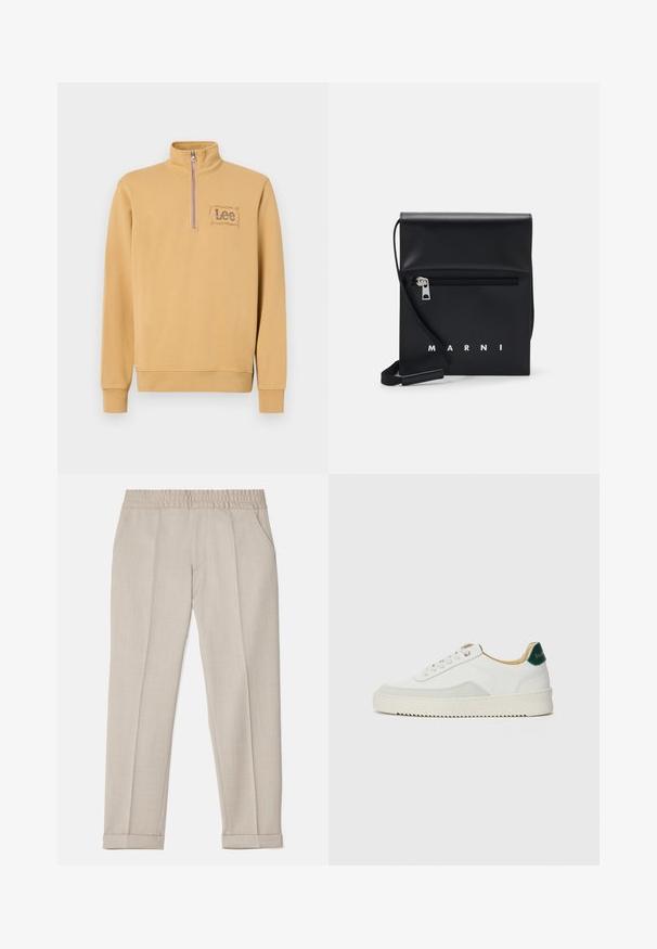 Gul sweatshirt med lynlås i kraven, med en broderet "Lee" logo i rektangulært design på venstre bryst. Materiale i bomuldsblanding.; Filippa K TERRY CROPPED TROUSERS - Bukser - sage melange; Hvide sneakers med ruskindsdetaljer, rund tå, flade snørebånd og en cremet gummisål. Har grøn branding på hælen.; Sort læder crossbody taske med en lynlåslomme foran, præget logo og justerbar rem. Glat tekstur med en struktureret form.