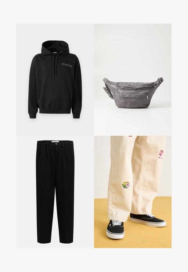 Sweatshirt noir avec une poche kangourou à l'avant, capuche avec cordon de serrage, et "ABSTRACTED STUDIOS" imprimé en blanc sur la poitrine. Design à enfiler.; Pantalon noir taille haute à jambes droites avec passants pour ceinture, plis sur le devant, poches latérales et fermeture par bouton à la taille.; Pantalon en coton beige avec des motifs brodés ludiques, incluant un personnage rose et un bloc de couleur, associé à des baskets noires à lacets.; Sac banane en suède gris avec une forme arrondie, deux compartiments zippés et une sangle réglable. Comprend des accents en métal.