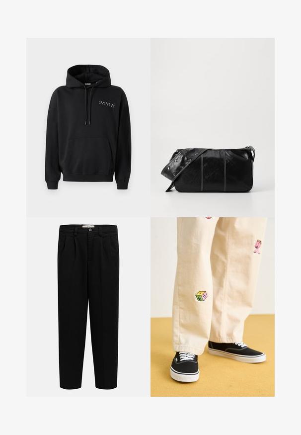 Schwarzer Hoodie mit einer vorderen Kängurutasche, Kapuze mit Kordelzug und dem Aufdruck "ABSTRACTED STUDIOS" in Weiß auf der Brust. Pullover-Design.; Schwarze, gerade geschnittene Hose mit hohem Bund, Gürtelschlaufen, vorderen Falten, Seitentaschen und einem Knopfverschluss am Bund.; Beige Baumwollhosen mit verspielten, gestickten Motiven, darunter eine pinke Figur und bunte Blöcke, kombiniert mit schwarzen Schnürsneakern.; Schwarze Leder Schultertasche mit Reißverschluss, ausgestattet mit einer strukturierten Oberfläche, weißen Nähten und einem Tragegurt mit silbernen Ösen.