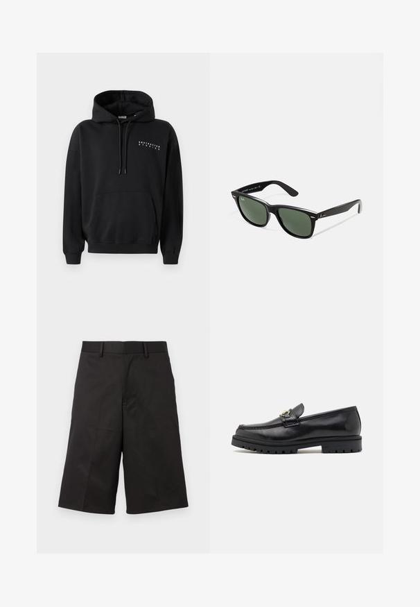 Hoodie nero con tasca a marsupio anteriore, cappuccio con cordini e "ABSTRACTED STUDIOS" stampato in bianco sul petto. Design a felpa.; Pantaloni corti neri con un design su misura, realizzati in tessuto liscio, con una parte anteriore piatta, passanti per la cintura e gambe dritte e curate.; Mocassini in pelle nera con finitura liscia, punta tonda, una fascia decorativa con accessori dorati e una suola nera robusta.; Occhiali da sole in plastica nera con lenti verdi, montatura quadrata, dettaglio argento sulla parte superiore e steli con texture. Marchio indicato sulla parte interna dello stelo.
