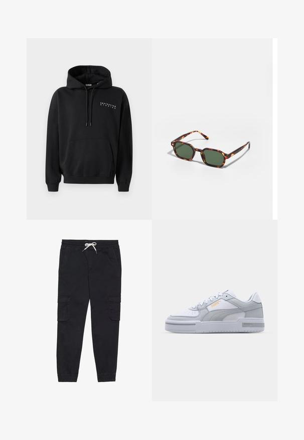 Sort hættetrøje med frontlomme, snoretræk til huen og "ABSTRACTED STUDIOS" trykt i hvidt på brystet. Pullover-design.; Sorte cargobukser lavet af bomuld, med en elastisk talje med snøre, sidelommer og tætsiddende ankler.; Grå og hvide sneakers med glat læderoverdel, perforeret tå, snørebåndslukning, teksturerede detaljer og et diskret guld-logo.; Skildpaddefarvede solbriller med grønne linser, der har en oktagonal form og slanke, buede arme. Materialet har en blank finish.