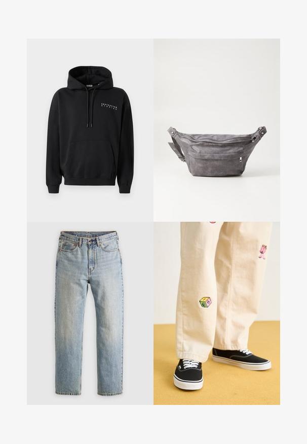 Crna dukserica s prednjim kengur tasnom, kapuljačom na šnuru i natpisom "ABSTRACTED STUDIOS" ispisanim bijelo na prsima. Pulover dizajn.; Svijetloplave traperice visoki struk, prednji gumb, zatvarač i dizajn s pet džepova, položene ravno na neutralnoj pozadini.; Bež pamuk hlače s razigranim izvezenim dizajnima, uključujući ružičasti lik i obojene blokove, uparene s crnim vezicama za cipele.; Siva zamšasta torbica preko struka sa zaobljenim oblikom, dva zip zatvorena odjeljka i podesivim remenom. Sadrži metalne naglaske.