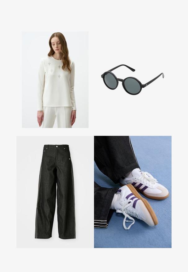 Witte longsleeve top met decoratieve zilveren versieringen in bloemmotieven. Gemaakt van gladde stof met een ronde hals.; Zwarte denim wijde broek met witte zijkanten, voorzien van voorzakken, een knoopsluiting en een subtiele logo nabij de tailleband.; Witte sportieve schoenen met paarse strepen en leren bruine rubberen zolen, met ronde veters en een gepolsterde kraag. Draagt men bij donkere spijkerbroeken.; Ronde zonnebril met een zwart plastic montuur en donkergrijze lenzen. Heeft dunne, rechte pootjes met minimalistische accenten.