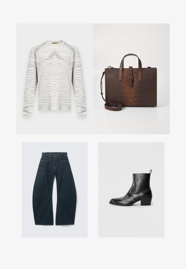 Pleten pulover z reliefnim vzorcem v beli, sivi in sivkini barvi. Ima okrogel izrez in dolge rokave. Preprost, ozek kroj.; Temno modre široke kavbojke iz jeansa, s petimi žepi, vidnim šivom, zapenjanjem na gumbe in čistim zaključkom.; Črne usnjene gležnjarje s kvadratnim nosom, dekorativnim šivanjem in nizko blokasto peto. Imajo zanko za enostavno obuvanje.; Brašna iz rjave krokodilne usnjene embalaže s zgornjimi ročaji in odstranljivim ramenskim trakom. Ima zapiranje z zaponko in pravokotno obliko.