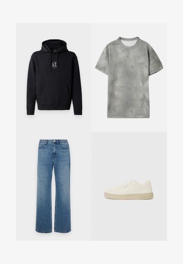 Fekete kapucnis pulóver puha pamut keverékből, elöl zsebbel, húzózsinóros kapucnival és egy kis logóval a mellkasán. Egyszerű, laza dizájn.; Szürke pamut póló, diszkrét AX logó mintával, kerek nyakkal, rövid ujjakkal és laza szabással. Simaszerkezet, enyhén kopott stílussal.; Széles lábú, koptatott kék farmernadrág. Öt zsebből, elülső gombos záródásból és egyenes szabásból áll.; Fehér vászon sportcipők texturált gumitalppal, varrott orral és logóval díszített sarokkal. Egyszerű fűzős kialakítás.