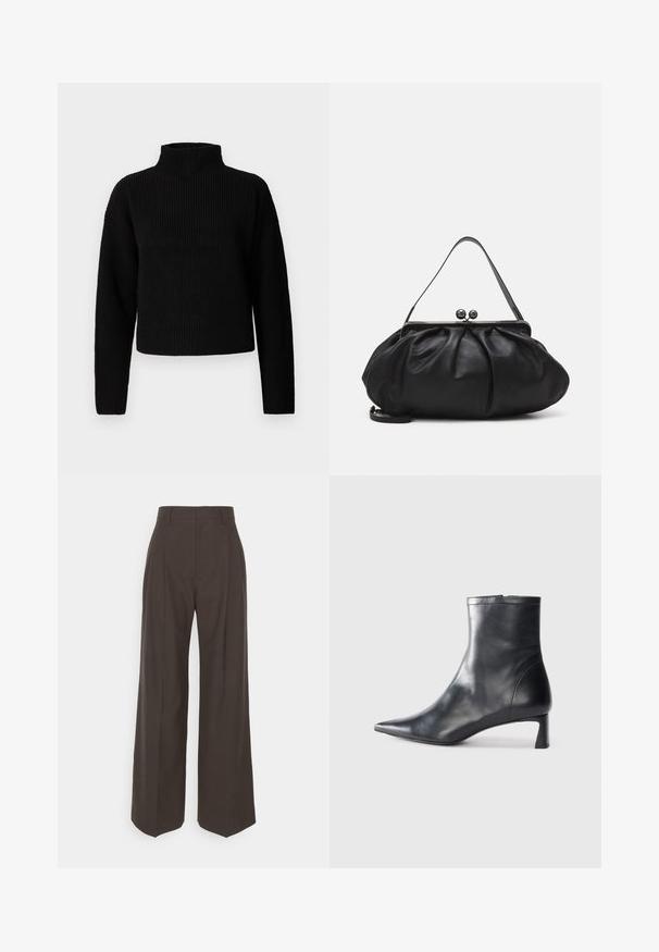 Fekete bordás garbó pulóver hosszú ujjakkal és rövidített fazonnal. A textúra sűrűnek és kötöttnek tűnik, látható minták vagy díszítések nélkül.; Sötétbarna, bő szárú nadrág magas derékkal, tisztán vasalt redőkkel, sima textúrával és testhez simuló fazonnal.; Fekete bőr bokacsizma hegyes orral és letisztult dizájnnal. Alacsony sarka és hátsó cipzáras záródása van. Simának tűnő textúra.; Fekete bőr kézitáska lekerekített, pliszírozott dizájnnal. Fémes zárja két dekoratív golyóval és egy vékony, lecsatolható pánttal rendelkezik.