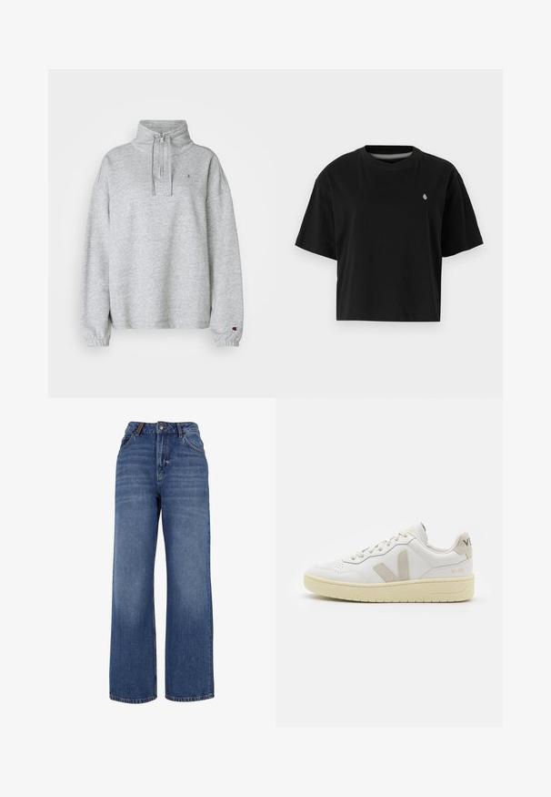 Champion ICONS HALF ZIP SMALL C LOGO - Sweatshirt - grey; Schwarzes, kurzes T-Shirt aus Baumwolle mit kurzen Ärmeln, rundem Ausschnitt und kleinem weißen Logo auf der linken Brust.; Weite Jeans aus mittelgewichtiger blauer Baumwolle. Klassisches Fünf-Taschen-Design mit Reißverschluss und Knopfverschluss.; Weiße Ledersneaker mit beigen Wildlederakzenten, perforierte Zehenbox, flache Schnürsenkel und eine strukturierte cremefarbene Sohle. Mit dezentem Branding an der Ferse.