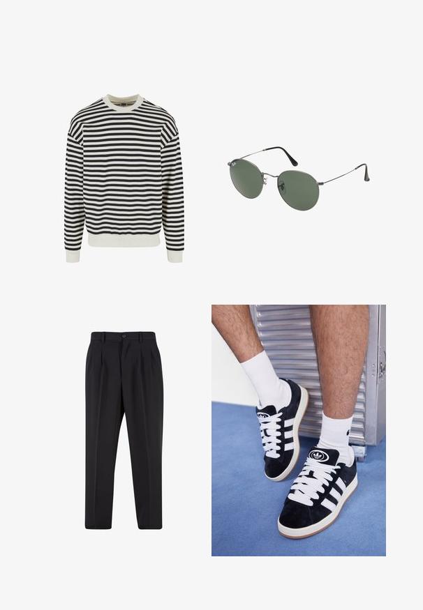 Čierny a biely pruhovaný sveter s okrúhlym výstrihom a rebrovanými manžetami. Vyrobený z mäkkej tkaniny, má horizontálne pruhy v rovnomerných odstupoch.; Čierne nohavice s plisovaným predným dizajnom, vyrobené z hladkej látky. Majú zapínanie na gombík a pútka na opasok; rovný strih.; Čierne semišové tenisky s bielymi šnúrkami a tromi bielymi pruhmi. Obsahujú kruhové čierne logo na jazyku a gumovú podrážku.; Sunglass s metalovým rámom s oválnymi zelenými šošovkami. Tenký strieborný kovový rám a čierne štuple za uši. Minimalistický dizajn, bez viditeľných log.
