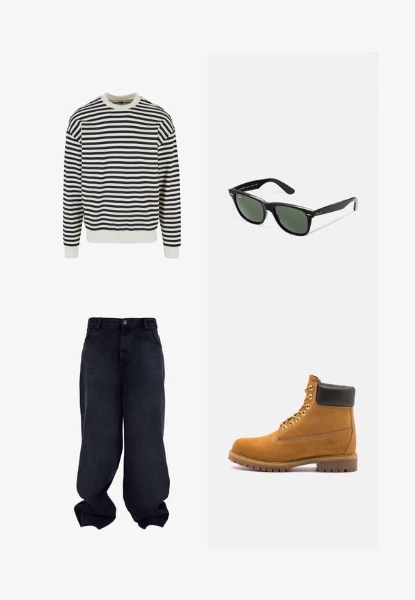 Mustvalge triibuline eriti pehme kangast sviiter ümmarguse kaelusega ja soonikservadega. Sellel on ühtlaselt jaotatud horisontaalsed triibud.; Mustad laiad denim püksid sujuva tekstuuriga, viie tasku ja nupuga sulgemisega. Omavad mugavat lõiget ja kitsenevat allääre.; Küpset tan suede sääreboot musta pehmea kraega, kuldsed metallist silmad, valge õmblemise detailid ja robustne kummist tallaga, millel on väljendunud mustrid.; Mustad mustan plastiku prillid roheliste läätsedega, ruudukujulised raamid, hõbedane aksent kulmude peal ja tekstuuriga tempelkäed. Brändi nimi on märgitud sisevarrele.