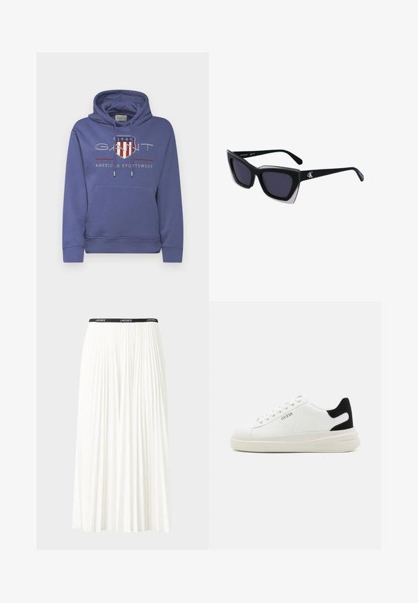 GANT ARCHIVE SHIELD HOODIE - Sweatshirt - dusty navy; Jupe plissée blanche avec une taille élastique noire portant le logo "LACOSTE". Design mi-long avec une texture douce.; Baskets en cuir blanc avec une épaisse semelle blanche, un accent en daim noir au niveau du talon et un logo embossé sur le côté. Design à lacets avec six œillets.; Lunettes de soleil noires surdimensionnées avec une forme géométrique, dotées de verres foncés et d'un détail gris contrastant sur la monture. Logo sur la branche.
