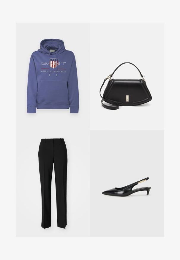GANT ARCHIVE SHIELD HOODIE - Sweatshirt - dusty navy; Schwarze, taillierte Hose mit geradem Bein, aus einem glatten Stoff und mit klaren Falten an der Vorderseite. Keine sichtbare Hardware.; Schwarze Leder-Slingback-Pumps mit spitzem Schuhblatt, ausgestattet mit einem schlanken Absatz und einem goldfarbigen Akzent am verstellbaren Riemen. Glatte Textur.; Schwarze Lederhandtasche mit einem strukturierten Design, das eine verkürzte Form, einen oberen Griff und goldfarbene Hardware-Details aufweist. Verstellbarer Schulterriemen ist enthalten.