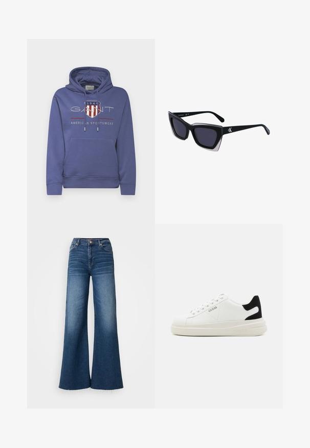 GANT ARCHIVE SHIELD HOODIE - Hættetrøje - dusty navy; Sorte denim jeans med brede ben i mørkeblå, med høj talje, diskret slidmærker og rå kant. Fremstillet af standard denim materiale.; Hvide lædersneakers med en tyk hvid sål, sort ruskindhælvægt og prægede logoer på siden. Snørebåndsdesign med seks øjer.; Store sorte oversized solbriller med geometrisk form, med mørke linser og en kontrasterende grå detalje på stellet. Logo på armen.