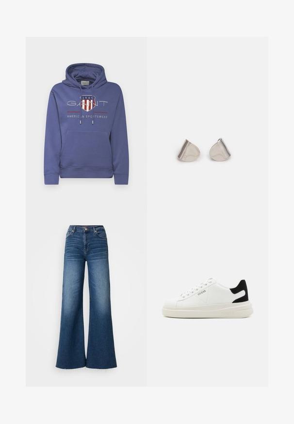 GANT ARCHIVE SHIELD HOODIE - Hættetrøje - dusty navy; Sorte denim jeans med brede ben i mørkeblå, med høj talje, diskret slidmærker og rå kant. Fremstillet af standard denim materiale.; Hvide lædersneakers med en tyk hvid sål, sort ruskindhælvægt og prægede logoer på siden. Snørebåndsdesign med seks øjer.; Sølv metal øreringe med en glat, tåreformet form og en poleret overflade. Diskrete graveringer tilføjer detaljer. Minimalistisk design.
