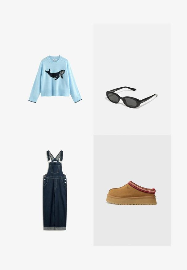 Maglione azzurro chiaro con grafica di una balena, realizzato in materiale morbido. Presenta polsini e orlo a coste con dettagli in blu navy. Design cropped, maniche lunghe.; Salopette in denim blu scuro, con bretelle regolabili, tasca frontale, bottoni laterali e una silhouette a gamba larga con orlo a risvolto.; Scarpa slip-on in suede marrone con bordi a motivo rosso e crema, suola testurizzata e logo UGG di lato. Presenta un leggero rialzo della suola.; Occhiali da sole neri con lenti ovali, montatura in plastica lucida e stecche sottili. Presentano il logo Ray-Ban in bianco sul lato.; Foulard rosso con pois bianchi e bordo decorato. Realizzato in tessuto leggero, presenta un design legato con estremità appuntite.