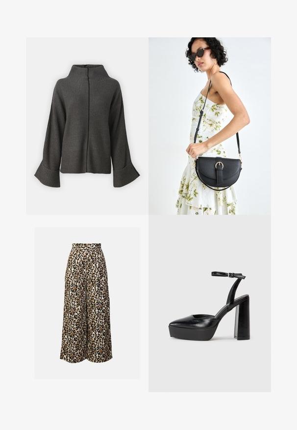 VILA VIVIGGA CONTRAST - Džemper - dark grey/black; Beige leopardimustriga laiad püksid mustade ja pruunide laikudega. Sile tekstuur, kõrge vöökoht, volditud disain ja täispikk lõige.; Mustad platvormi kontsad terava ninaga ja reguleeritava pahkluuraamiga. Valmistatud siledast nahast, funktsioneerib massiivse plokknäheeliga.; Mustmust mustraha kõverate joontega, eemaldatava rihmaga ja kuldsete detailidega. Kotil on klapp, millel on pandladetail.