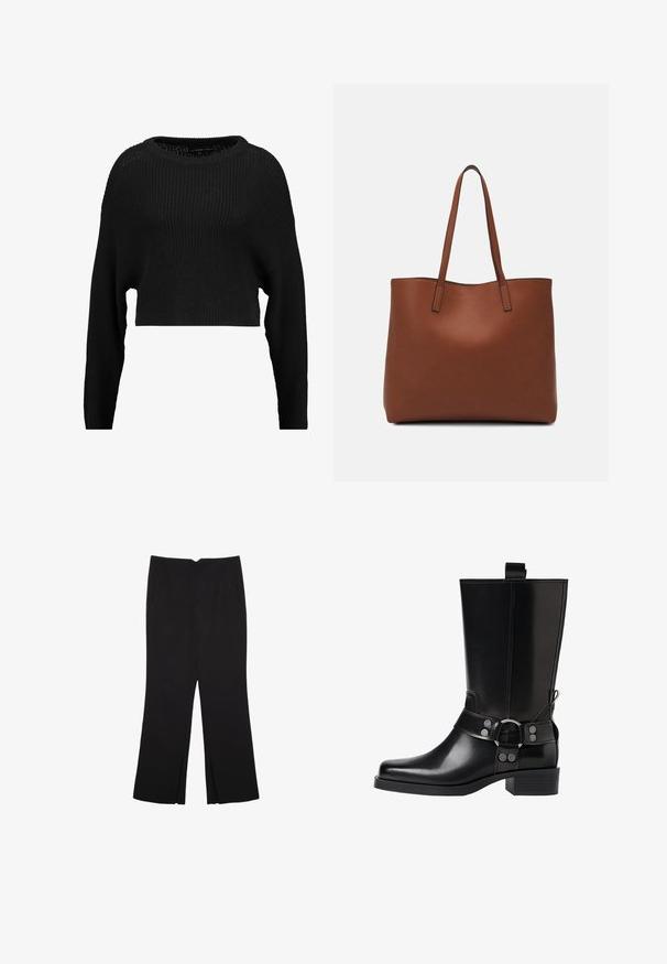 Maglione nero cropped a maglia con una vestibilità ampia, scollo largo e maniche lunghe, caratterizzato da un motivo a coste testurizzato su tutta la superficie.; Pantaloni neri a gamba dritta, con tasche frontali e spacchi laterali all'orlo. Realizzati in tessuto morbido e liscio. Adatti a diverse occasioni.; Stivale in pelle nera alto fino al ginocchio con punta affusolata, dettagli in argento e tacco largo. Presenta un inserto per facilitare l'indossamento.; Borsa tote in pelle marrone con texture liscia, design con apertura superiore e due spallacci. Presenta cuciture minime e nessun hardware visibile.