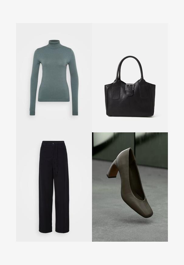 Hosszú ujjú garbó pulóver halk türkiz színben, bordás anyagból készült, testhezálló sziluettel és rugalmas textúrával.; Fekete, bő szárú nadrág húzózsinórral a derékrészen, gombos záródással és két oldalsó zsebbel. Könnyű anyagból készült, sima felülettel.; Sötét olíva zöld bőrből készült, négyzet alakú orrú, tömbsarkú magassarkú cipő, amely lebeg egy szürke betonpadlón, elmosódott zöld háttér előtt.; Fekete bőr bevásárlótáska sima textúrával, strukturált formával, két fogantyúval és egy figyelemfelkeltő ezüst csattal az elején.