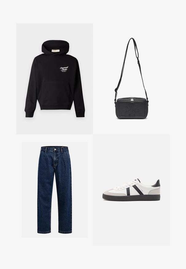 Puhább anyagból készült fekete kapucnis pulóver, elülső zsebbel, bordázott mandzsettákkal és fehér logóval a bal mellkas területen.; Sötétkék farmernadrág egyenes szabással. Jellemzői a látható varrás, gombos záródás és elülső redők a további részletekért.; Fehér sneaker fekete és szürke részletekkel, textúrált szürke orr résszel, fekete gumitalppal és lapos fehér fűzőkkel. Tiszta dizájn, minimalista stílus.; Fekete bőrből készült keresztbe hordható táska cipzáras záródással, dombornyomott logóval az elején és állítható pánttal. Simább textúrájú, téglalap alakú.