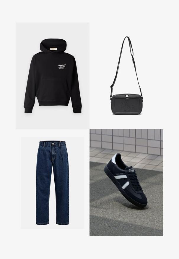 Black hoodie made of soft fabric, featuring a front pocket, ribbed cuffs, and a logo in white on the left chest area.; Dark blue denim jeans with a straight-leg design. Features visible stitching, a button closure, and front pleats for added detail.; Black leather sneaker with white stripes, textured rubber sole, and lace-up front. Features a branded label on the tongue.; Black leather crossbody bag with a zip closure, embossed logo on the front, and adjustable strap. Smooth texture with a rectangular shape.