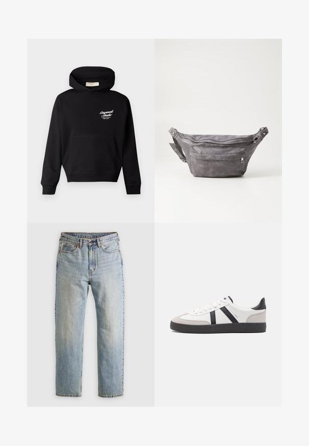 Felpa nera con cappuccio realizzata in tessuto morbido, dotata di tasca frontale, polsini a coste e un logo bianco sulla parte sinistra del petto.; Jeans in denim azzurro chiaro con vita alta, bottone anteriore, cerniera e design a cinque tasche, adagiati su uno sfondo neutro.; Sneaker bianco con accenti neri e grigi, dotata di una punta grigia testurizzata, suola in gomma nera e lacci bianchi piatti. Design pulito, stile minimalista.; Fanny pack in suede grigio con forma arrotondata, due scomparti con cerniera e tracolla regolabile. Presenta dettagli in metallo.