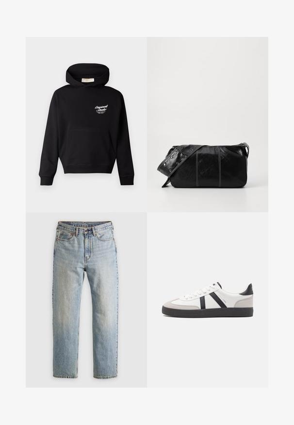 Zwarte hoodie van zachte stof, met een voorzak, geribbelde manchetten en een wit logo op de linker borst.; Lichtblauwe denim jeans met hoge taille, frontknop, rits en vijfzakkenontwerp, plat gelegd op een neutrale achtergrond.; Witte sneaker met zwarte en grijze accenten, voorzien van een grijze neus met textuur, zwarte rubberen zool en platte witte veters. Schoon ontwerp, minimalistische stijl.; Zwarte leren schoudertas met een ritsluiting, voorzien van een gestructureerd lichaam, witte stiksels en een band met zilveren oogjes.