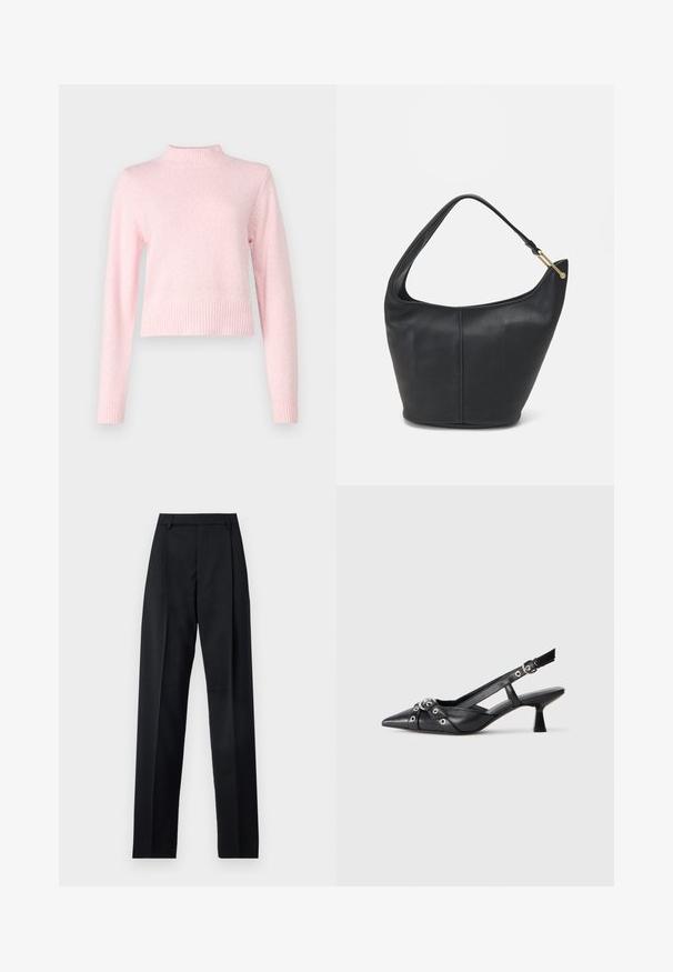 Light pink sweater with a high neck and long sleeves. Made of soft texture, featuring a ribbed hem and cuffs for a fitted look.; Black trousers made from smooth fabric featuring a high waist, wide legs, front pleats, and classic belt loops. No side pockets visible.; Black leather slingback shoe with a pointed toe, decorative straps featuring metal eyelets, and a low block heel. Textured surface.; Black leather handbag with a rounded shape, a wide strap, and a textured finish. Features a subtle seam detail and a gold-tone hardware accent.