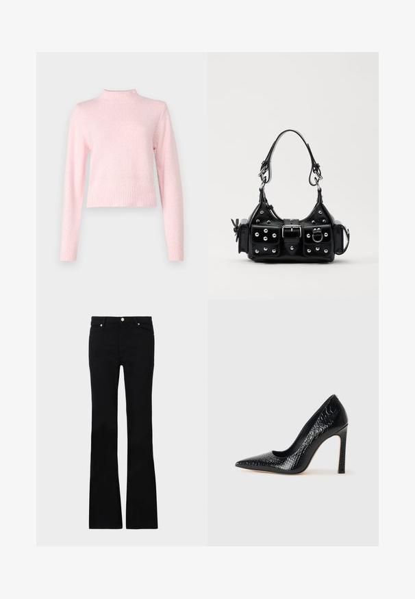 Jasnoróżowy sweter z wysokim kołnierzem i długimi rękawami. Wykonany z miękkiego materiału, z ribbowym wykończeniem u dołu i na mankietach, co nadaje mu dopasowany wygląd.; Czarne dzwony z denimu, z dwoma przednimi kieszeniami, zapięciem na guzik i gładką fakturą. Widoczne charakterystyczne szycie na szwach.; Czarne szpilki z ostrym noskiem, pokryte teksturą skóry krokodyla, charakteryzujące się eleganckim wzornictwem, wysokim obcasem w stylu stiletto oraz gładkim czarnym wnętrzem.; Czarna skórzana torebka w zakrzywionym kształcie, z srebrnymi ćwiekami, klamrą i dwoma bocznymi kieszeniami. Regulowany pasek umożliwiający różne opcje noszenia.