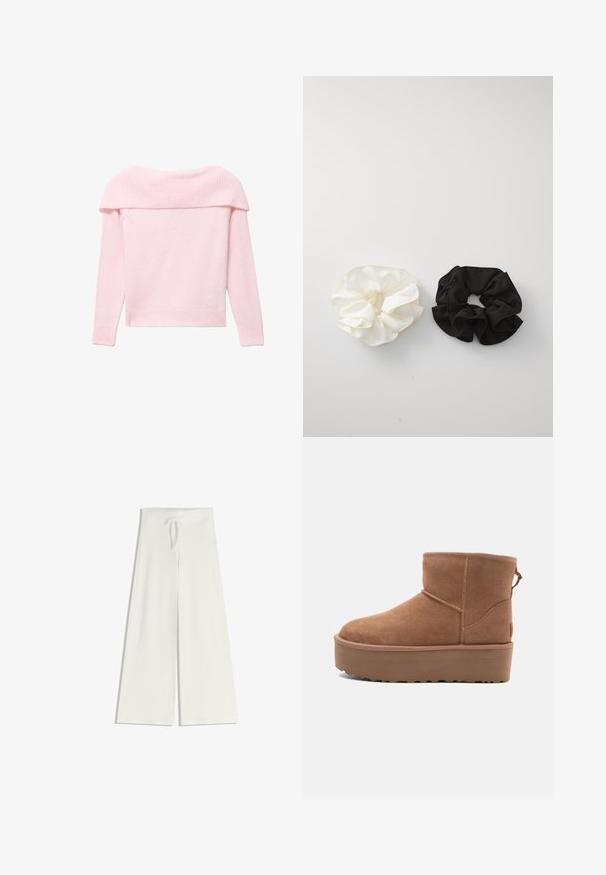 Sweater en tricot rose clair avec un col côtelé à épaules dénudées, des manches longues et un ourlet ajusté. Texture douce sur l'ensemble.; Pantalon large blanc en tissu tricot doux, avec une taille élastique et un cordon de serrage pour un ajustement réglable. Texture lisse, sans motifs.; Bottine en suède tan avec une semelle plate-forme, un bout arrondi et des accents de couture ; elle est dotée d'une languette à l'arrière pour un enfilage facile.; Deux chouchous en satin, l'un blanc et l'autre noir, avec un design froncé et une texture lisse, présentés sur un fond blanc uni.