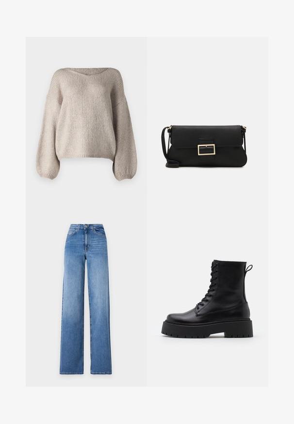 Maglione beige lavorato a maglia con ampio scollo a V, maniche lunghe a palloncino e orlo corto. La texture è spessa e morbida, con un design semplice.; Jeans a gamba larga di un azzurro chiaro, realizzati in denim, con vita alta, tasche frontali e chiusura con bottone standard. Texture liscia.; Stivaletti in pelle nera alla caviglia con punta rotonda, lace-up frontale e suola in gomma spessa con battistrada textured. Tassello sul retro.; Borsa a mano in pelle nera con patta e dettaglio in metallo dorato. Include una tracolla nera e un design elegante e minimalista.; Orecchini a cerchio in argento con un design minimalista. Forma circolare, superficie liscia e profilo sottile. Leggeri con una finitura lucida.