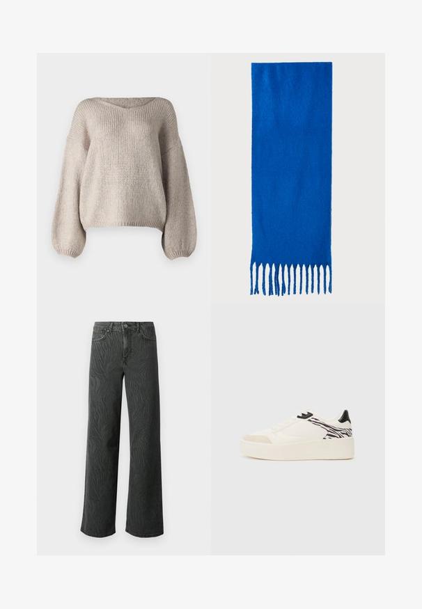 Pullover de malha bege com um decote em V amplo, mangas balão longas e uma bainha cropped. A textura é grossa e suave, apresentando um design simples.; Calças de perna larga em denim cinza escuro, apresentando uma textura sutil de padrão zebra, costura em contraste e um design de cinco bolsos com fecho de botão.; Even&Odd Sapatilhas - white/black; Cachecol azul com franjas, feito de tecido macio; apresenta uma cor sólida com uma superfície texturizada e franjas cortadas de forma uniforme na parte inferior.; Saco hobo preto em pele com uma textura lisa, forma curva e uma única alça ajustável; apresenta uma abertura larga na parte de cima.