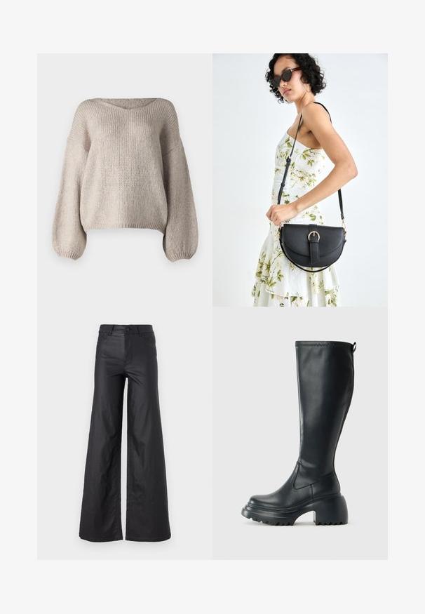 Beige knit sweater with a wide V-neck, long balloon sleeves, and a cropped hem. The texture is chunky and soft, featuring a simple design.; Black, wide-leg pants in a faux leather material. Features a high waist, belt loops, two front pockets, and stitched detailing.; Tall black leather boot with chunky platform sole and block heel, featuring pull tab and textured tread on outsole.; Black leather handbag with a curved shape, detachable strap, and gold hardware. The bag features a flap with a buckle detail.
