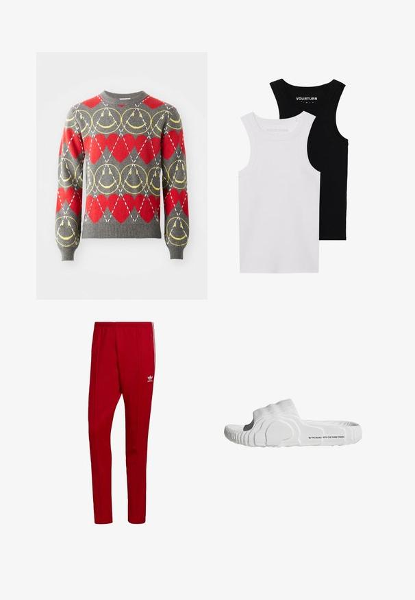 Suéter gris con corazones rojos y patrones circulares amarillos, con líneas discontinuas blancas formando una cuadrícula en diamante a través del diseño.; Dos tops de tirantes ajustados en negro y blanco. Están hechos de algodón acanalado, cuentan con tirantes anchos y escote redondeado. Con la marca en el cuello.; Pantalones deportivos rojos con cintura elástica, bolsillos con cremallera en los laterales y tres rayas blancas a lo largo de los lados. Cuenta con un pequeño logo en el muslo.; Chancla blanca con parte superior de tela acanalada, plantilla contorneada y suela de goma texturizada con el logo de la marca en el lateral.