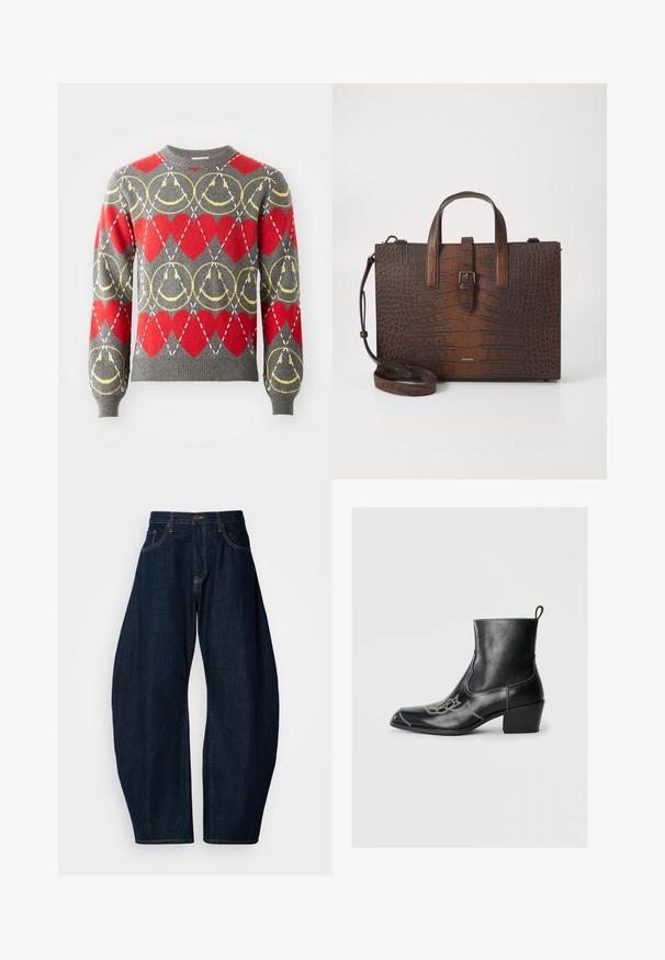 Pilkas megztinis su raudonom širdelėm ir geltonais apvaliais raštais, su baltais brūkšniniais linijomis, sudarančiomis rombų tinklelį visame dizaino paviršiuje.; Tamsiai mėlynos džinsinės kelnės su plačiomis kojomis, pasižyminčios ryškiu siuvimu, penkiomis kišenėmis ir žalvariniu mygtuko užsegimu juosmenyje.; Juodos odinės ankle batai su kvadratiniu pirštu, dekoratyviomis siūlėmis ir žemu blokiniu kulnu. Turės trauktuką, kad būtų lengva apsiauti.; Rudos krokodilo rašto odos rankinė su viršutinėmis rankenomis ir nuimamu peties dirželiu. Yra sagties užsegimas ir stačiakampis pavidalas.