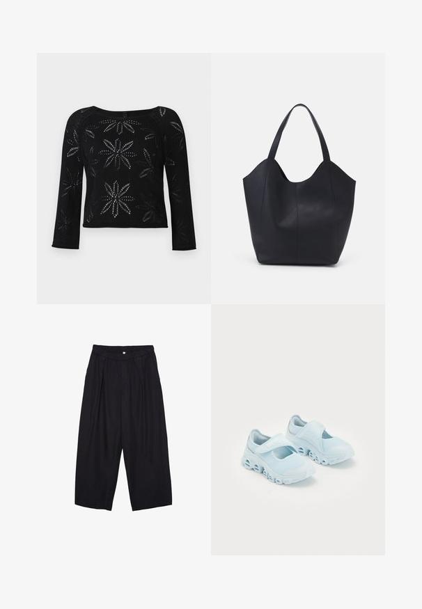 Pullover nero corto con maniche lunghe, caratterizzato da un motivo floreale creato da una trama a rete aperta. Collo rotondo e dettaglio a costine sull'orlo.; Pantaloni culotte neri in poliestere con una cintura elastica, due pieghe frontali e una silhouette ampia. Nessun motivo visibile o dettagli in metallo.; Sneakers azzurri chiari con tessuto in rete, ritagli prominenti nella suola e una striscia in Velcro sulla parte superiore per una vestibilità sicura.; Borsa tote nera realizzata in pelle liscia, con una parte superiore curva e aperta, dotata di due manici per spalla e un design minimalista.