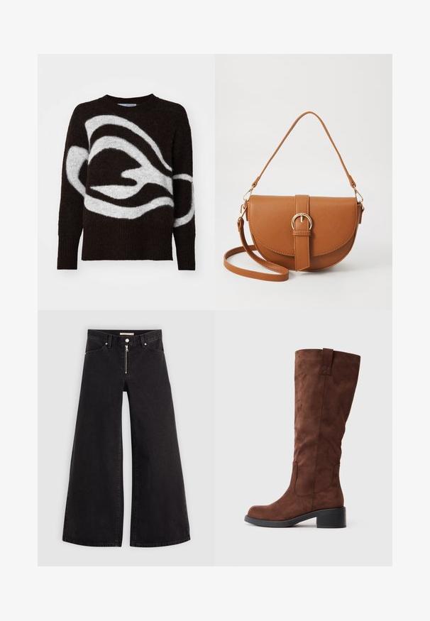 Brun och vit mönstrad tröja, gjord av mjukt material, med rund halsringning och långa ärmar som har en flytande, abstrakt design.; Breda jeans i svart denim med dragkedja fram, femfickorsdesign och subtila sömdetaljer. Slät textur och avslappnad stil.; Bruna mockaskinn stövlar till knäna med rundad tå, klack och sidostygn. Slät textur och stabil konstruktion.; Brun läder crossbody-väska med en böjd form, gyllene detaljer och en spänneaccent. Har en avtagbar axelrem.