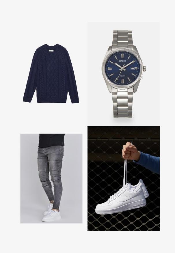 Navyblauwe gebreide trui met kabelpatronen, ribgebreide halslijn en manchetten. Gemaakt van textuurgaren voor extra warmte en comfort.; Skinny jeans in vervaagd grijs denim, met versleten details op de knieën, gecombineerd met witte sneakers. Gladde textuur, slank model.; Witte leren sneakers met perforaties, ronde neus, vlakke zool en dikke veters, met een zichtbare swoosh-logo en "AIR" op de hiel.; Zilveren roestvrijstalen horloge met een marineblauwe wijzerplaat, metalen uurmarkeringen en een datumnis op 3 uur. Waterbestendig tot 50 meter.